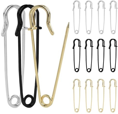 15 PCS Große Sicherheitsnadeln(7cm, Silber, Gold und Schwarz), Metall Sicherheitsnadeln, Extra große Nadeln für Leder, Leinwand, Handwerk und Kleidung, Robuste Federverschluss Nadeln