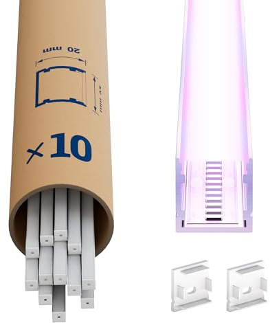 LASLUX LED Aluminium Profil 10 × 2m – U-Form Aluprofil mit weißer Abdeckung – Alu Leiste für Lichtstreifen bis 15 mm - 20 x 20 mm - Led Profile Schiene Kanäle Leiste Diffusor