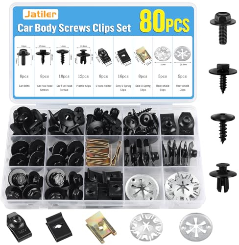 JatilEr 80 Stück Karosserieschrauben Clips Set, Kfz Blechmuttern Schraube Mutter Clip Kit, U Typ Befestigungsclips mit Klemmscheiben Hitzeschutzblech für Auto Body Undertray Fender Türverkleidung