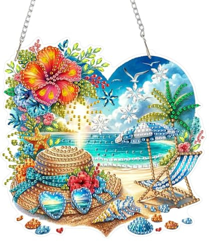 DIY Diamond Painting Anhänger Sommer Strand, Hängende Diamantmalerei Fensterbilder 5D Diamond Painting Fensterdeko für Kinder & Erwachsene, Fensterbilder Windspiel Sonnefänger mit Kette（18.3x17.9cm）