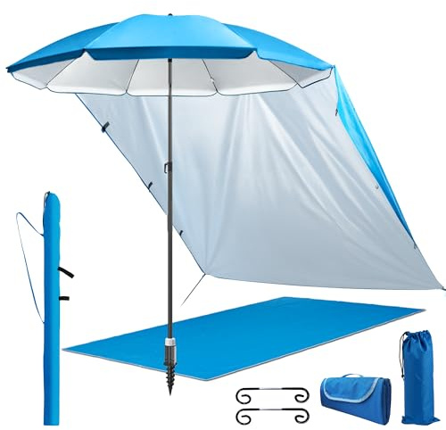 4smile Sonnenschirm Strand 5er-Set Blau – UV50+-Schutz, Ø 200 cm, mit großer Stranddecke (2 x 2 m), praktischem Sonnensegel Strand, Schirmständer Erdspieß & robuster Schirmhülle