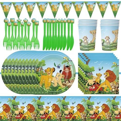 62 Pcs Ensemble de Vaisselle sur Le Thème du Lion, Décorations de table pour une fête sur le thème des lions, Set de Décoration pour Fête, Décorations de Table, Fournitures de Fête pour Enfants
