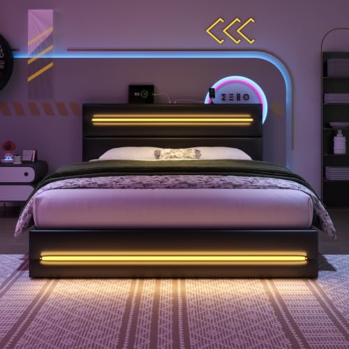 4ft6 Double Bed Frame Upholstered Bed Frame with Hydraulic Storage&LED Lighting&Charging Station, Ottoman Bed with Adjustable Headboard, PU Functional Ottoman Storage Bed with Slats, No Mattress,Black