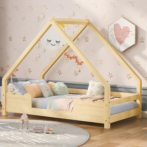 Generisch Hochbett Kinderbett 90x200cm mit Wellen-Zaun & Lattenrost – Massivholz-Spielbett mit Rausfallschutz, Robustes Jugendbett ohne Matratze, Naturholz für sicheres Schlafen & kreatives Spielen
