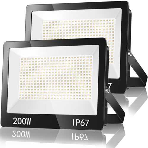 TASINUO Focos LED Exterior 200W IP67 Impermeable Proyector Exterior 2 Pieza | 6500K Blanco Frío Luz de Seguridad, 20000LM Potente Luces LED Exterior con transformador para Terraza Garaje Taller Jardín