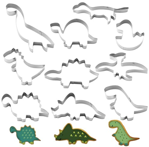 10 Stück Dino Ausstecher Set, Edelstahl Dino Ausstechform, Dinosaurier Brot Ausstecher für Kinder, Ausstechformen Groß, Keksausstecher, DIY Plätzchenausstecher für Fondant, Kekse, Torten Deko