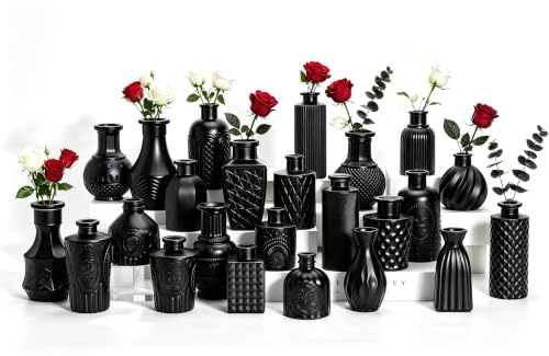 Glass Bud Vases, Set of 24, Mini Flower Vases for Centrepieces, Vintage Bottles for Table Decorations, Wedding Decor, Home, Clear (24, Matt-Black)