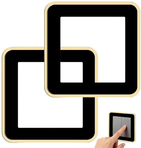 2PCS Acrylic Light Switch Surrounds, Wall Plate Cover for UK Switches | Elegant Black Gold Design, for 86 x 86 mm Single Switches, Self Adhesive Decorative Fingerplate for Home Wall Decor