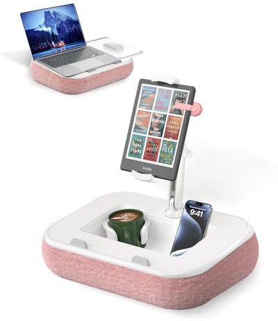Viozon Tablet Pillow Stand, Kindle Holder & Lap Desk, Compatible with 4.7~13 Tablets/Phones & 10~15 Laptops, Silicone Cup Holder, Snack Bowl, Magnetic Mouse Pad & Detachable Quick-Release Arm, Pink