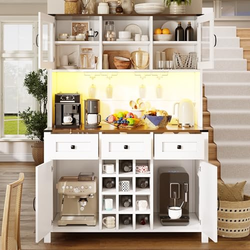 Ktipm Alacena de Cocina Alto con Enchufe y LED, Aparador Cocina con Botellero y Portavaso, Armario Cocina con 4 Puertas y 3 Cajones, Aparadores con Dispositivo Antivuelco, 120x40x170 cm, Blanco