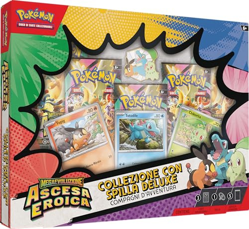 Pokémon: Deluxe Button-Kollektion Megaevolution-Abenteuerbegleiter – Heldenhafte Aufstieg des Pokémon TCG (3 holografische Promokarten, 1 Deluxe-Button und 5 Erweiterungspackungen)