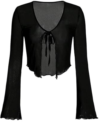 GORGLITTER Women's Sheer Mesh Tie Front Top Long Sleeve Mesh Cardigan | V Neck, Long Sleeve Sexy Crop Tops Lightweight Mesh Cardigans, Mesh Top for Party, Going Out, Festival