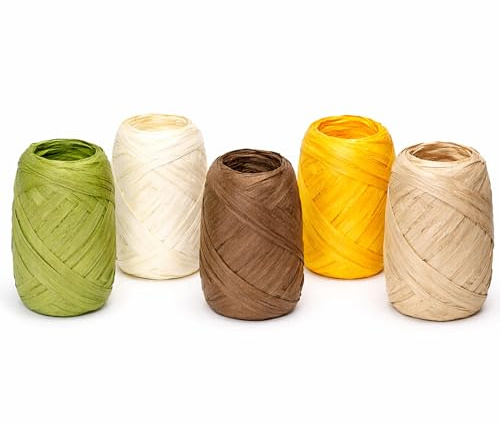 Papierband Raffiabast 5 Rollen Set je 20m - Geschenkband Raffia Papier Schnur Craft Verpackung - Bastband Papiergarn zum Binden Verzieren - Bänder für Geschenke Dekorationen - Naturtöne Mix