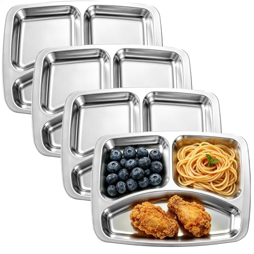 4 Pièces Assiette Inox, Assiette Compartiment Adulte en Acier Inoxydable, 28,5cm assiettes Regime avec 3 Compartiments,Réutilisable assiettes Portionnées pour Pique-nique Fête Cuisine(Rectangulaire)