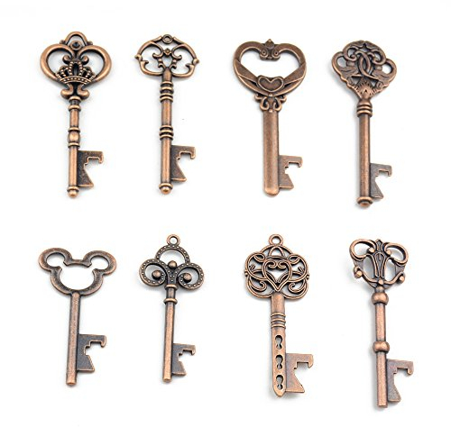 Makhry Gemischt 16pcs Retro Vintage Schlüssel Flaschenöffner Kupfer Gastgeschenke Hochzeit Skelett Schlüssel Retro Hochzeits Deko Hochzeit Souvenirs(Antik Kupfer)