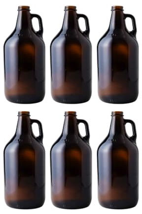 FastRack 64 oz Amber Glass Growlers (Pack of 6) | Half Gallon Beer Growler with 18 Poly Seal Caps | Reusable 1/2 Gallon Glass Jug for Homebrew, Kombucha, and Beverage Storage