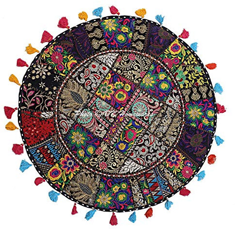 DK Homewares Traditionell Baumwolle bodenkissen bezug 70x70 Yoga Sitzkissen Bohemian Schwarz Patchwork Gestickt Wohnkultur Rund Vintage Rundes Bodenkissen - 28x28 Inch