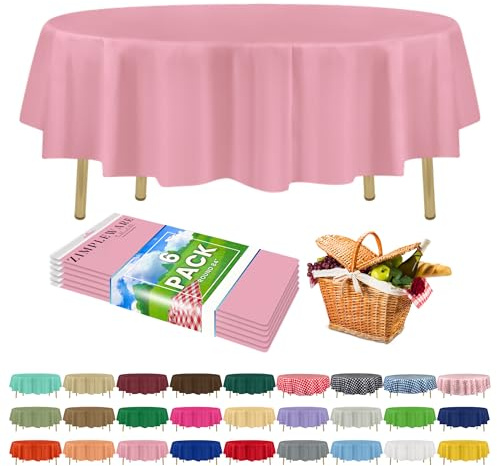 ZIMPLEWARE Premium Pink Kunststoff-Tischdecke Einweg (6er-Pack) Runde Tischdecke (213cm) Party-Tischdecken Einweg, Perfekte Tischdecke Runde Abdeckung für jeden Tisch bis zu 6 Fuß