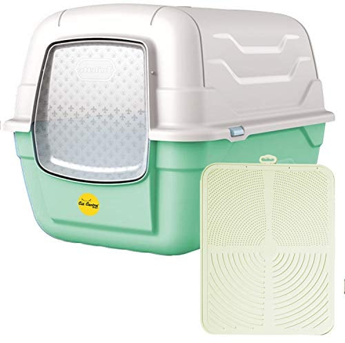 CAT CENTRE Green Large Litter Tray Hooded Toilet Kittens Cats Charcoal Filter Flap Door Scoop Enclosed High-Sided Loo Box with Cream Mat Bundle