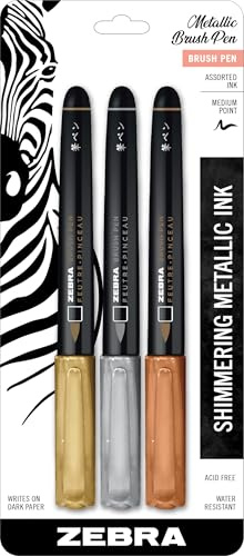 Zebra Pen, Metallic Brush Pens, Gold, Silver, and Rose Gold Ink, Medium Brush Tip Mimics Artist’s Paint Brush for Calligraphy and Lettering, Acid-Free Ink for Light and Dark Paper, 3-Pack (01603)