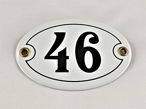 Emaille Hausnummer Schild Nr. 46, oval, Weiß-Schwarz mit Schrauben und Dübel Handarbeit