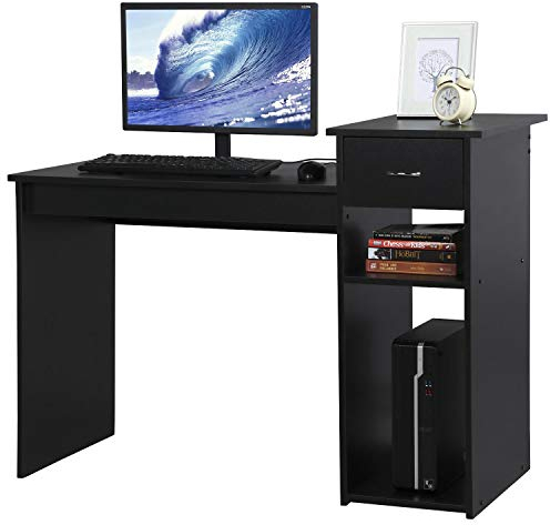 Yaheetech Schreibtisch Computertisch 112 x 82 x 50 cm, Arbeitstisch aus Holz, Bürotisch mit Schublade und 2 Ablagen, PC Tisch in Schwarz