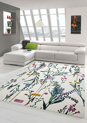 Teppich modern Wohnzimmerteppich Bunte Blumenwiese in Creme grün rosa Größe 160x230 cm