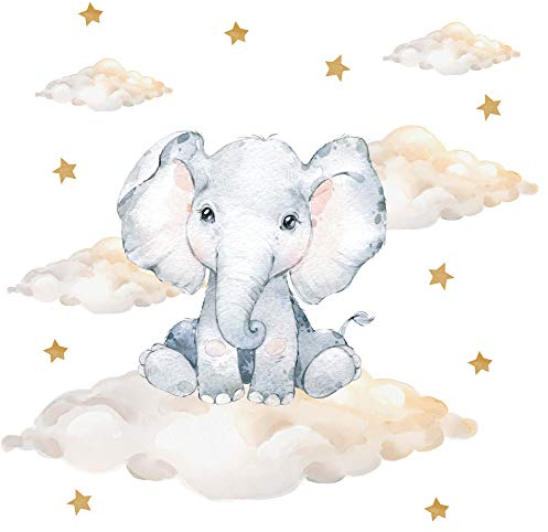 Pandawal Kinderzimmer Deko Wandtattoo Elefant mit Wolken Sterne Junge Mädchen Wandsticker Baby Safari Tiere Wandaufkleber (M, Elefant)