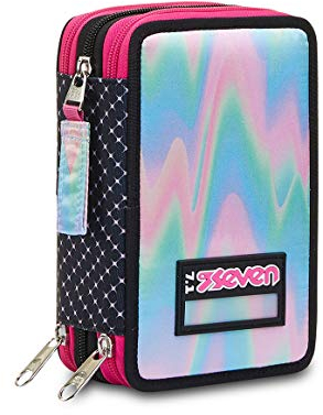 Seven Federmäppchen, Mäppchen, mehrfarbig, Federtasche für Schreibwaren, Etui mit Stiften, Schulmaterial, mit 3 Fächern, Mädchen, Schule - Grundschule, XXL rosa schwarz