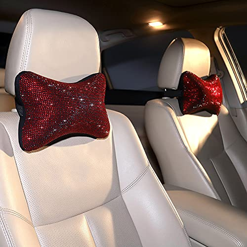Carwales 2 Stück Frauen Nackenkissen für Autositz Fahren Mädchen Burgunderrot, Autositz Kopfstütze Kissen Fahrer Kopf Entspannen Nackenstütze Kristall Strass Diamant Bling Weihnachten Auto Zubehör