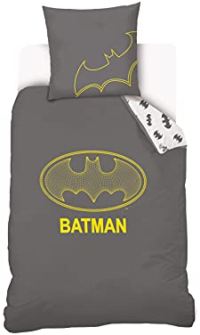 DC Comics – Bettbezug 140 x 200 cm + Kissenbezug 63 x 63 cm – Bettwäsche für Kinder, Einzelbett, Grau