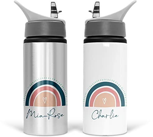 Print Maniacs Personalised Water Bottle School Sport Drink 600ml Leakproof Spill Proof Aluminium Hot Cold Flip up Kids Boys Girls Biking Gift Boho Rainbow (Add Name)