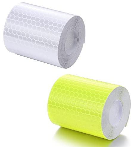 Reflective Tape, 2 Rolls 3M x 5CM Safety Tape Waterproof PVC Self-Adhesive Warning Stickers Security Marking Tape for Bicycle Car Truck Motorcycle Baby Strollers Helmets at Night -Yellow + White