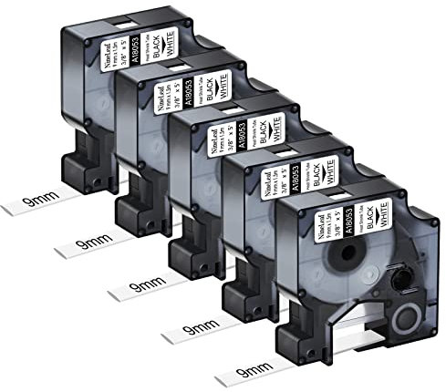 NineLeaf 5 x Kompatibel für Dymo Rhino 18053 S0718280 Schriftband Schwarz auf Weiß Heißschrumpfschlauch 3/8'' 9mm x 1.5m für Drähte Kabel in Rhino 3000 4200 5000 Tyco T107M Industriell Etikettenband
