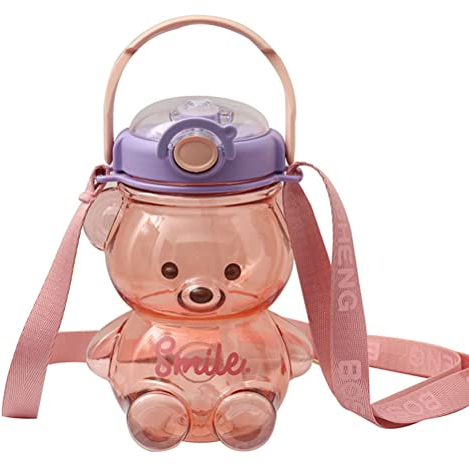 WINBST Gourde pour enfant - Motif ours kawaii - Avec paille et dragonne - Bandoulière réglable - 1400 ml - Pour les voyages en plein air
