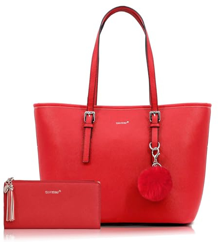 TANTOMI Handtasche Damen Set Tasche Mit Geldbörse für Büro Schule Einkauf Handtasche Damen Groß Mit Quasten Damen und Pelz Kugel Plüsch Schlüsselring