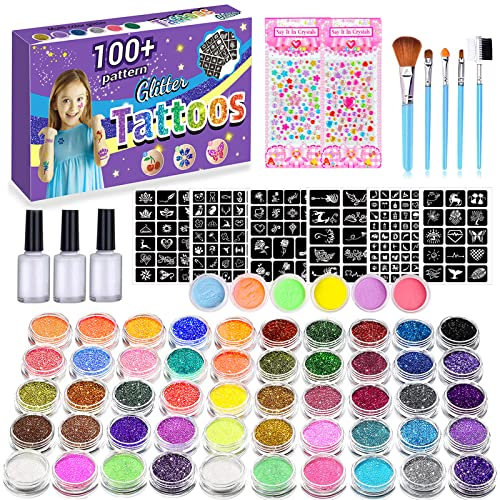 XUBX 56 colori Kit di tatuaggi glitterati, Kit Tattoo Temporanei, Tatuaggi Glitter, Kit Tatuaggi Temporanei Glitter Per Bambini e Adulti, 56 Glitter, 152 Stencil, 2fogli diamanti, 3 Colla, 5 Spazzole