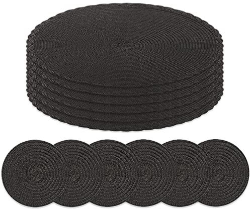 HEYOMART Round Placemats and Coasters Set of 6, Braided Woven Placemats Washable Heat Resistant Table Mats for Kitchen Dining Table Home Restaurant, Black