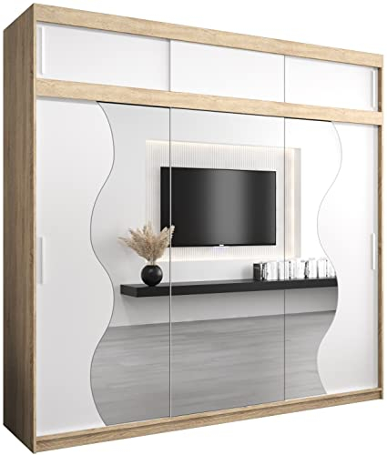 KRYSPOL Schwebetürenschrank Madryt 250 cm mit Spiegel Kleiderschrank mit Kleiderstange und Einlegeboden Schlafzimmer- Wohnzimmerschrank Schiebetüren Modern Design (Sonoma + Weiß mit Erweiterung)