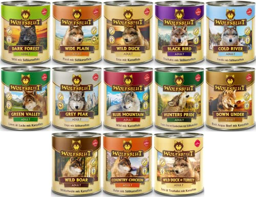 Wolfsblut Adult 12 x 800g Mix Hundefutter, Nassfutter | auch als 6X oder 24x 800g mit vielen Sorten | Ohne Zucker, Soja, Geschmacksverstärkern & künstlichen Zusätzen