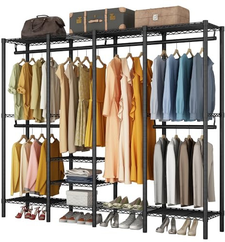 Solerconm Portant à Vêtements avec Étagères à Chaussures et 4 Barre Amovibles, 6 Étagères Hauteur Réglable, Porte-manteau en Métal 193 L x 40 W x 192 H CM, Charge à 408,23 KG,Noir