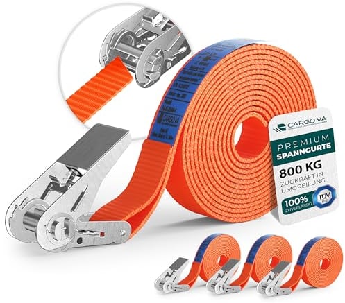 CargoVA® Robuste 800kg Spanngurte [4er Set] - TÜV/GS Zertifiziert & DIN - Vielseitig Einsetzbar - 25mm Breite - Ideal für Professionelle Anwendungen [6M]