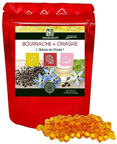 NAKURU | Bourrache + Onagre | Gamme Beauty | Fabriqué en France | L' Alchimie des Pétales! | 60 Capsules de 740mg - Poids Net: 44,40g