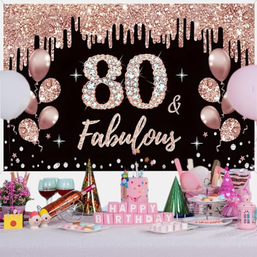 80th Birthday Decorations for Women, 80 Years Old Fabric Sign Poster Rosegold Backdrop Banner, 80th Birthday Party Supplies Photo Background Welcome Sign, 150 cm x 90 cm