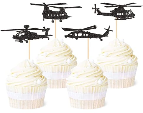 Ercadio 24 Pack Helicopter Cupcake Toppers Black Glitter Aircraft Cupcake Picks Plane Cupcake Toppers for Airplane Theme Party Birthday Baby Shower Cake Decor Supplies