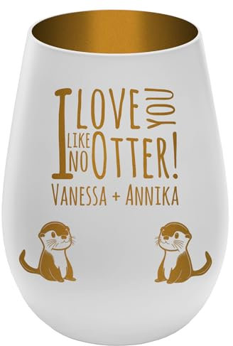 Windlicht mit Gravur ''Love You Like no Otter'' - Weiß/Gold - Teelichthalter personalisierbar mit Wunschtext - Geschenk zu Valentinstag Hochzeit Verlobung Jahrestag