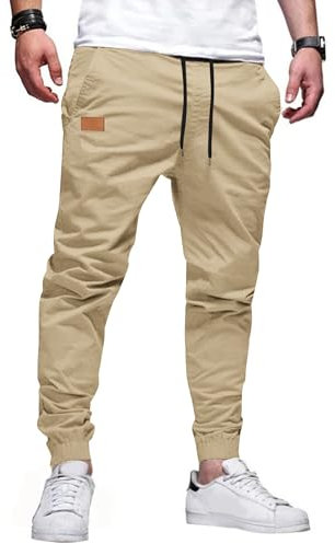 TARAINYA Pantalon Homme Coton Cargo Jogging à Cordon de Serrage Taille éLastiqué Décontractées Pantalon Casual C Kaki Clair L