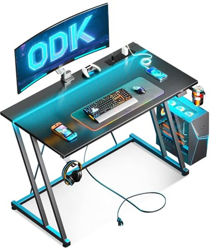 ODK Gaming Desk with LED Lights & Power Outlet, Gaming Table with Cup Holder and Headphone Hook, Double Z Frame Design Computer Desk, Carbon Fiber Black 100 cm