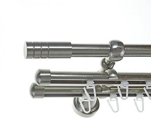 BASIT Gardinenstange Innenlauf Edelstahllook 16mm 3-läufig Wand 240cm H14 | Gardinenstangenset dreiläufig Wandmontage Metall Vorhangstange Wandhalterung 120-600cm wählbar Kappe Zylinder E28