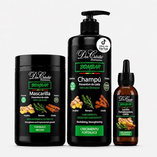 Pack Bombar Crecimiento del Cabello y Prevención de Caída Don Cabello, Champu bombar -1000 ml, Sin Parabenos, Mascarilla bombar -1000 ml y bombar Locion -125 ml,Sin GMO, Silicona